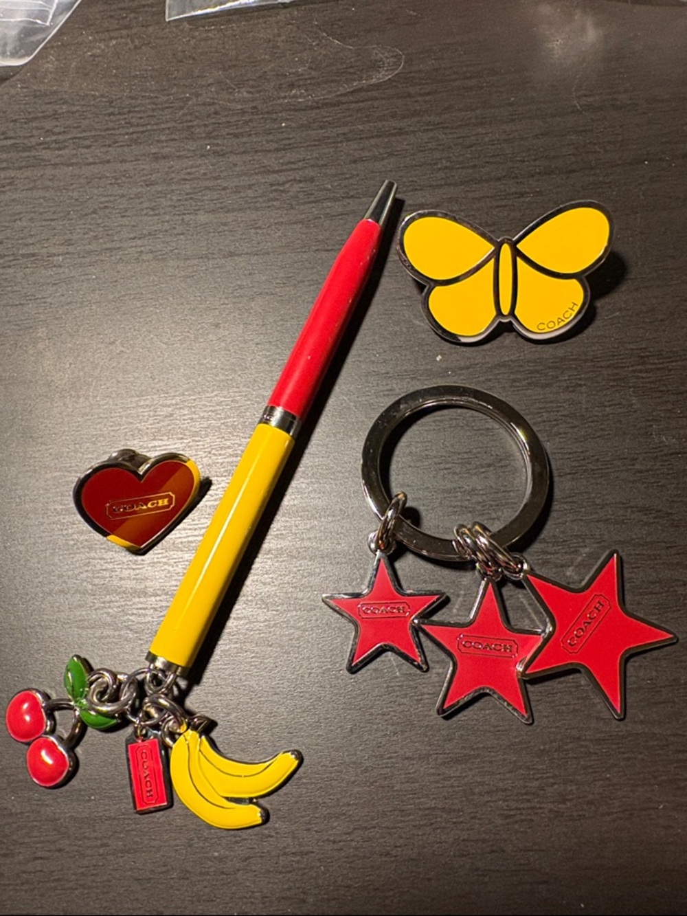 Coach Yellow Butterfly Pin, Red Heart Pin, Red Star Keyring & Pin with Charm Set